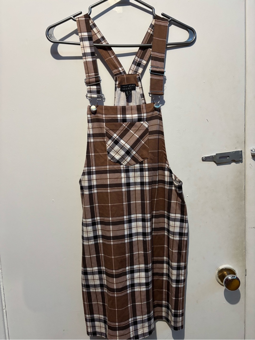 Plaid Brown Pinafore Dress Overalls - Women